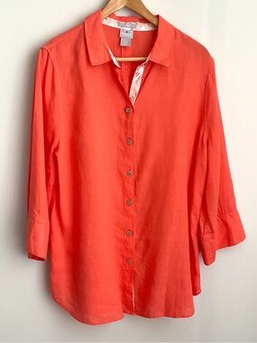 Chico's Vibrant Orange Button-Front 100% Linen Blouse